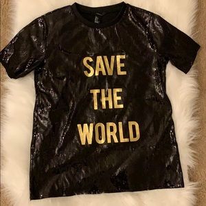 Black Sequin “Save The World” Tee